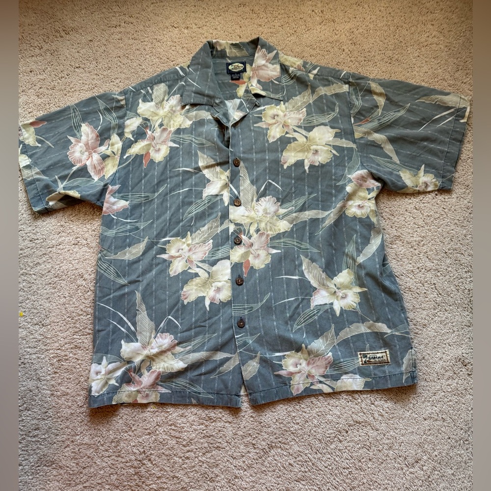Vintage Tommy Bahama Shirt Mens Medium Gray Floral Hawaiian Camp Rayon 90s